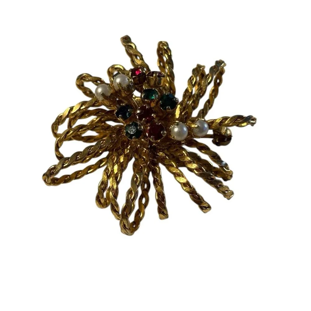 Austria 3D Rope Brooch Pin Starburst Fireworks‎ Atomic Rhinestone Faux Pearl VTG